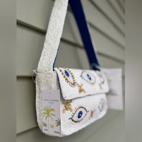 America & Beyond White Evil Eye Beaded Shoulder Bag & Earrings NWT - Picture 7 of 9